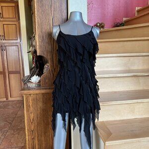 Bebe Asymmetrical Layered Fringe Black Dress w/ Side Zip, Adjustable Straps